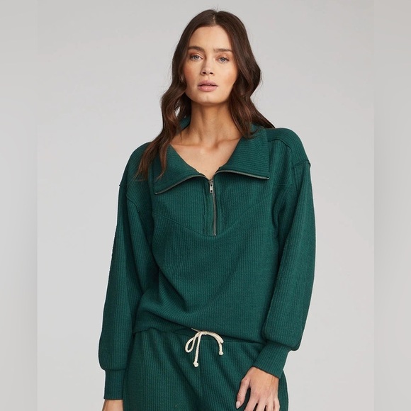 Saltwater Luxe Sweaters - Saltwater Luxe 1/2-Zip Half zip Pullover Juniper green raw edge The Ribbed cozy